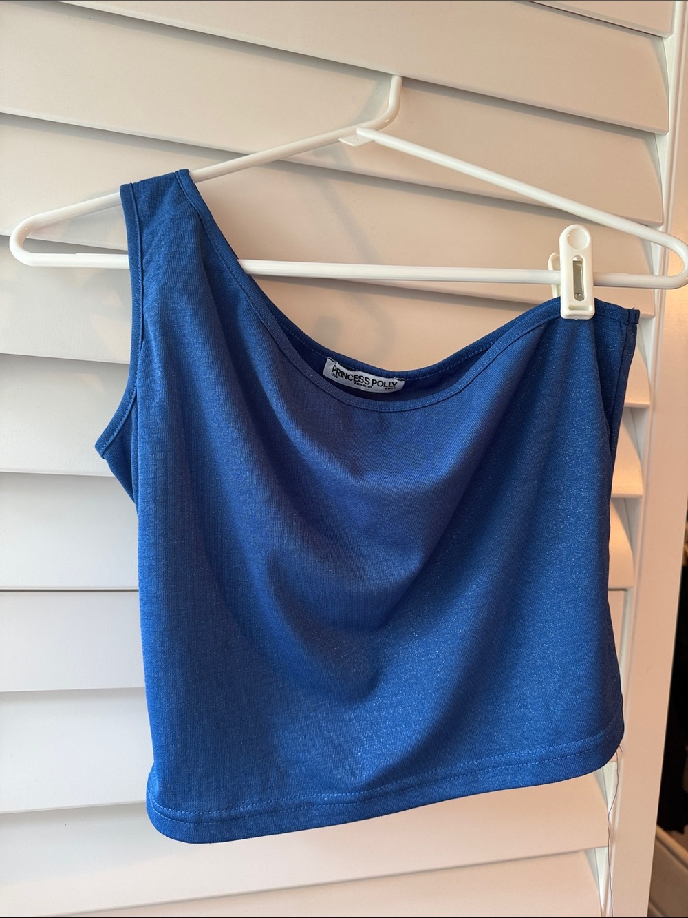 Princess Polly Shimmery Blue Asymmetrical One-Shoulder Crop Tank
